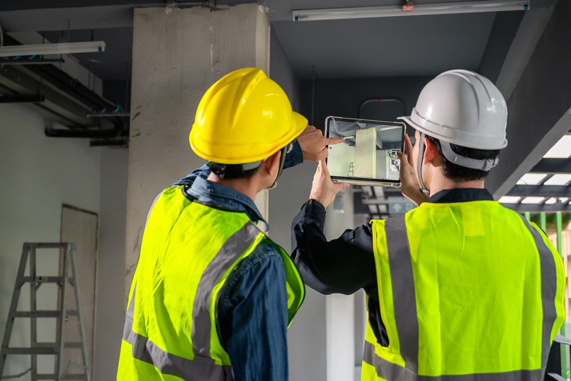 Engineer, architect and construction supervisor use tablet to record information while inspecting construction work. Construction supervisor, architect or engineer inspect construction inside building